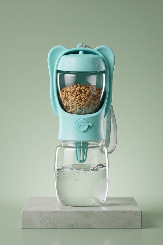 Gourde 2-en-1 BALADE pour chien et chat vert d'eau avec réservoir d'eau 350 ml et compartiment à croquettes